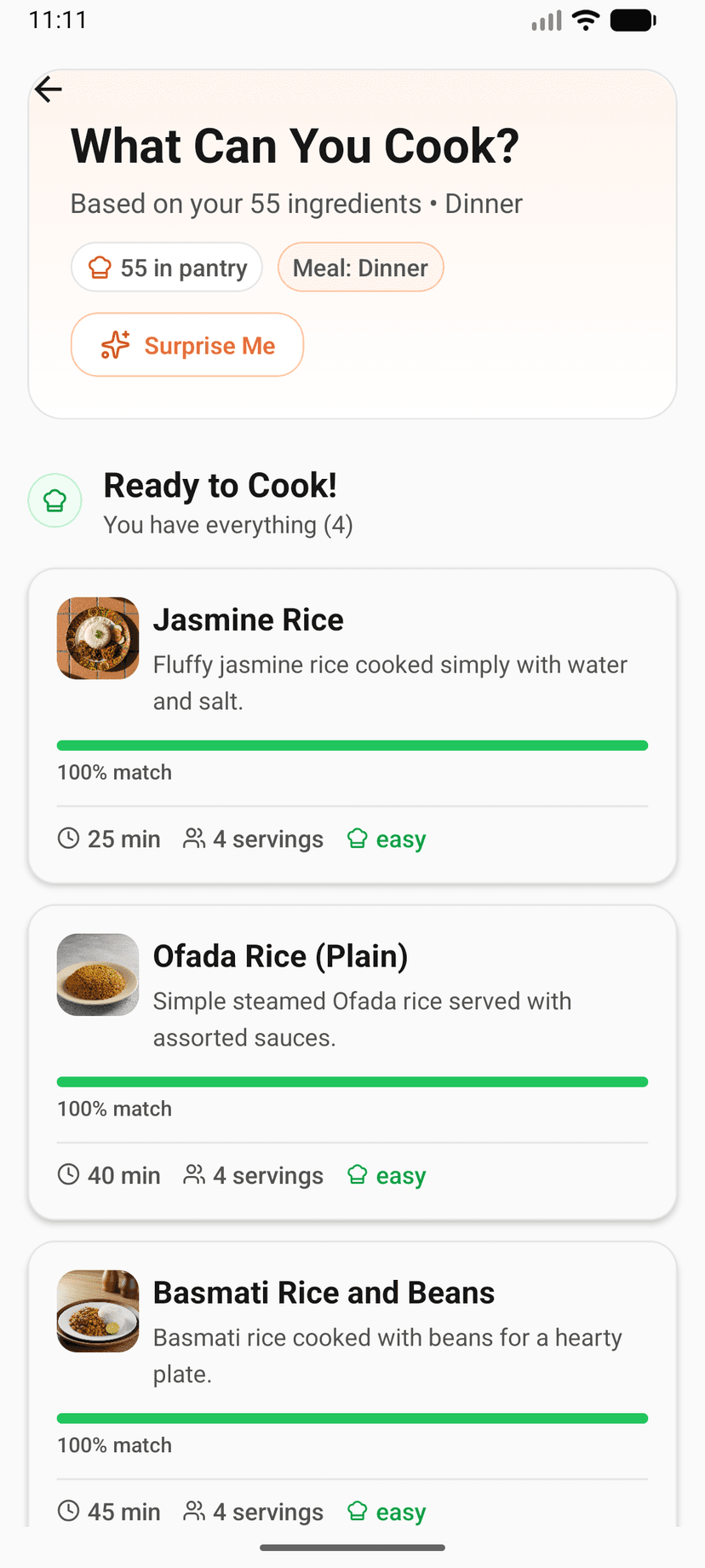 Meal suggestions screen with match percentages