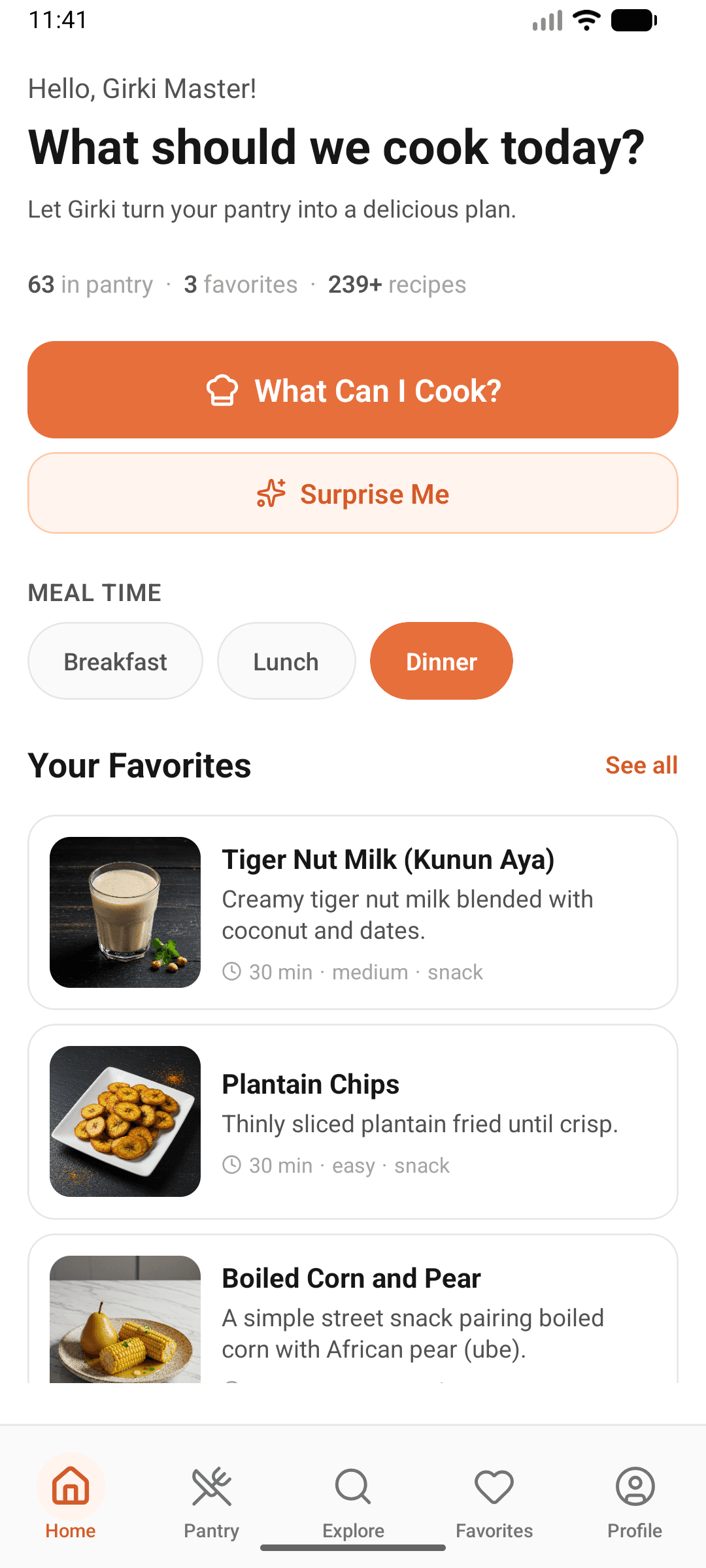 Girki app showing meal suggestions