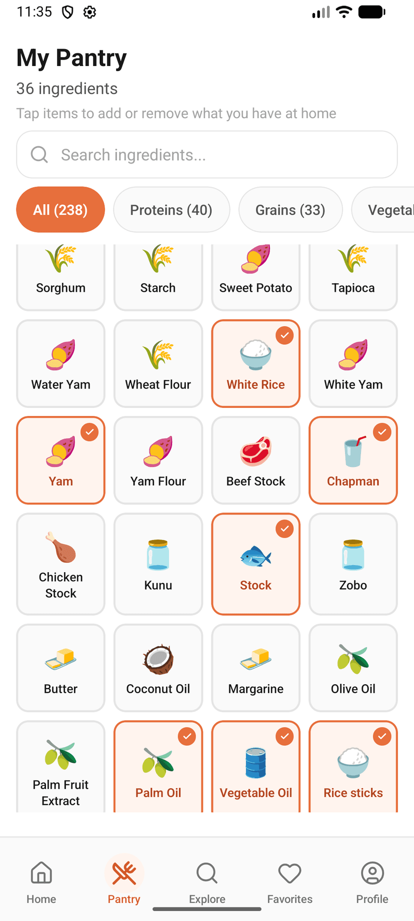 Pantry setup screen showing ingredient selection