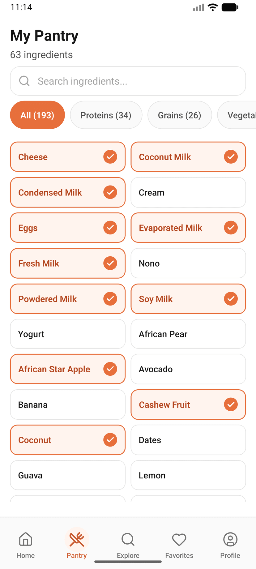 Pantry setup screen showing ingredient selection
